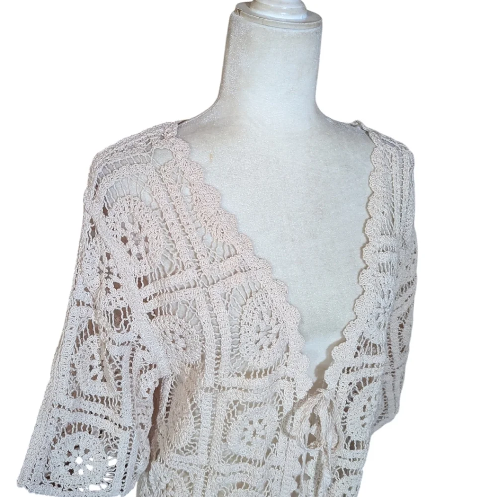 New Crochet Cardigan Natural Cream long Tie Front Festival NWT Sz S/M
